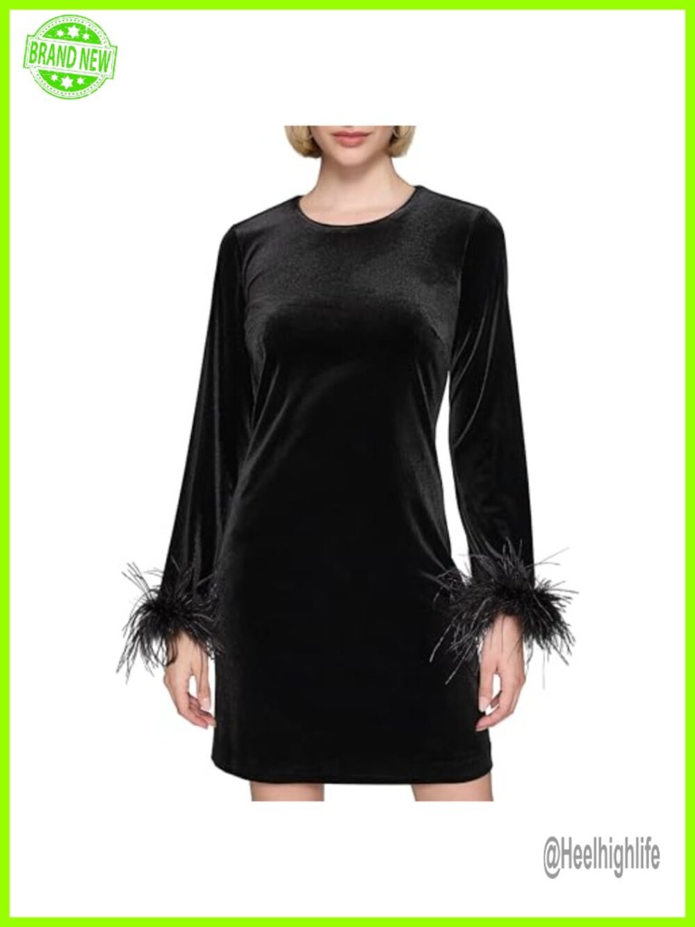 Long Sleeve Stretch Velvet Sheath Mini Dress Feather Trim Boat Neck